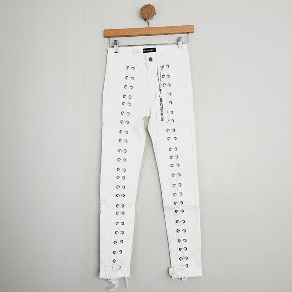 Neon Blonde Blondie Tie-Up Skinny Jeans White Denim Lace-Up Velvet Revolve 24 - Picture 1 of 9